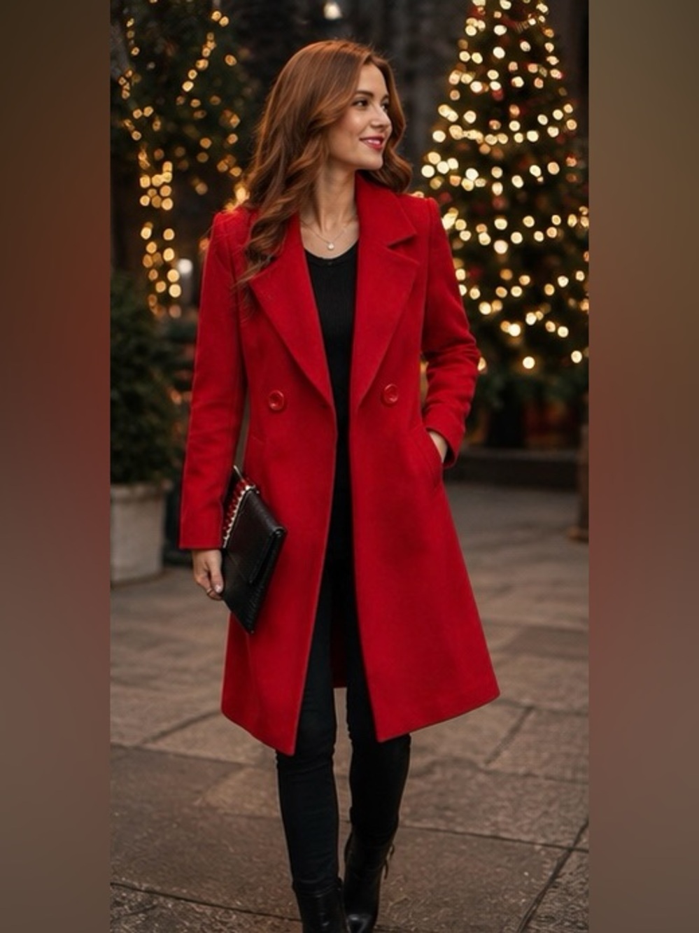 EEUC Tanming Women’s Red Wool Blend Double Breasted Pea Coat Size Large SFH